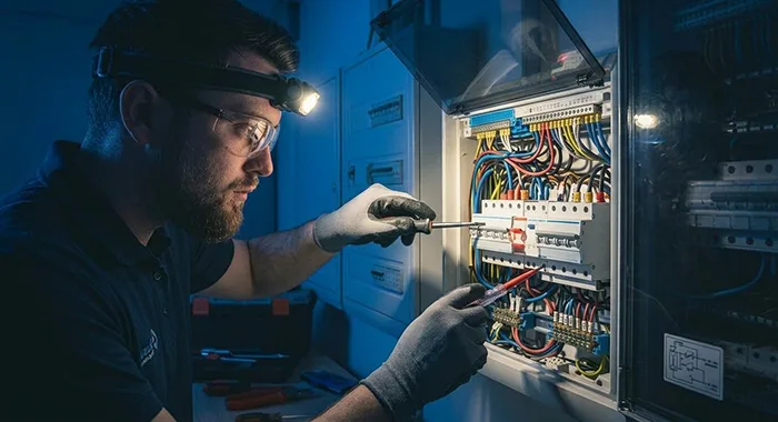 Técnico da EletroMax com lanterna a verificar uma avaria elétrica durante a noite