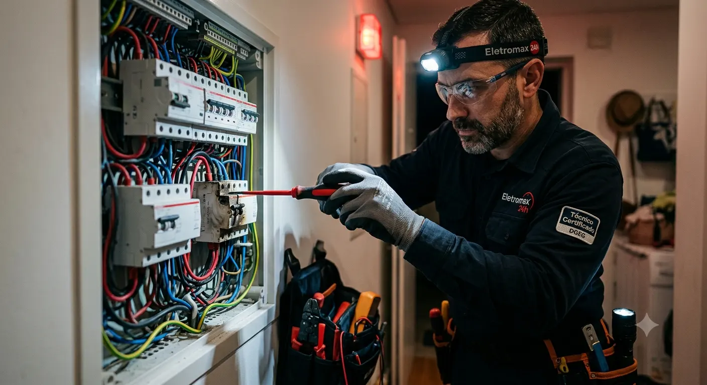 Eletricista da EletroMax de lanterna frontal a reparar um quadro elétrico durante uma urgência