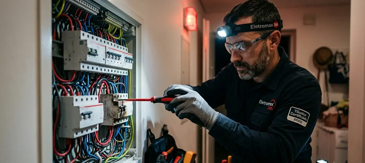 Eletricista da EletroMax de lanterna frontal a reparar um quadro elétrico durante uma avaria