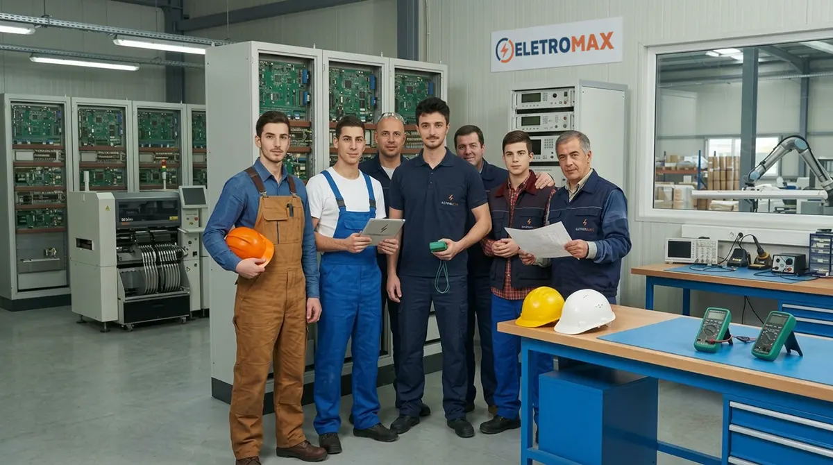 Equipa da EletroMax na oficina, com fardas azul-marinho