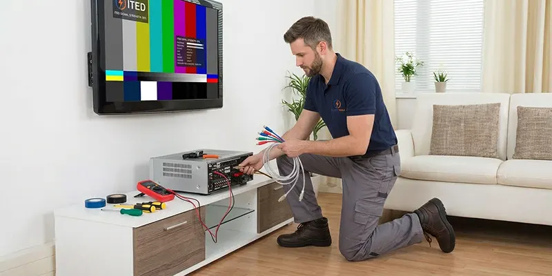 Técnico a instalar uma antena de televisão num telhado