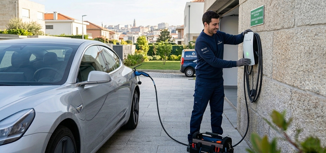 Técnico certificado a instalar uma wallbox para carro elétrico numa garagem